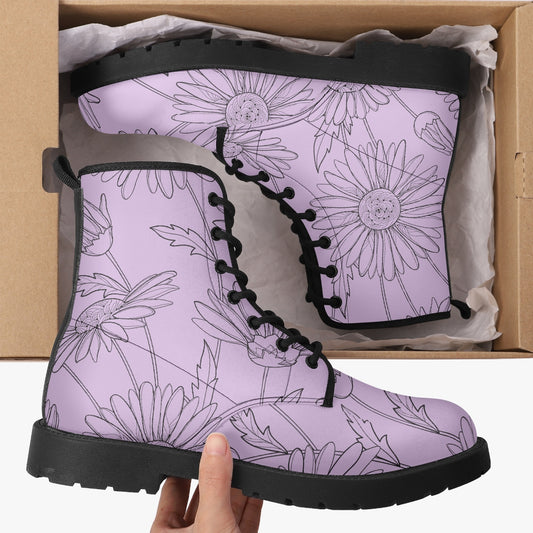 Light Purple Floral Leather Combat Boots