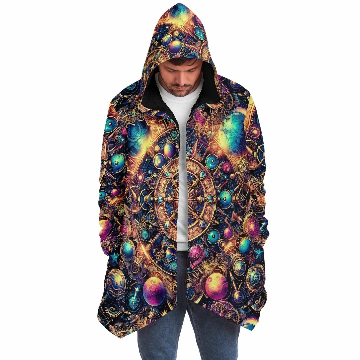 Psychedelic Steampunk Celestial Sun Moon Fleece Lined Hooded Cloak