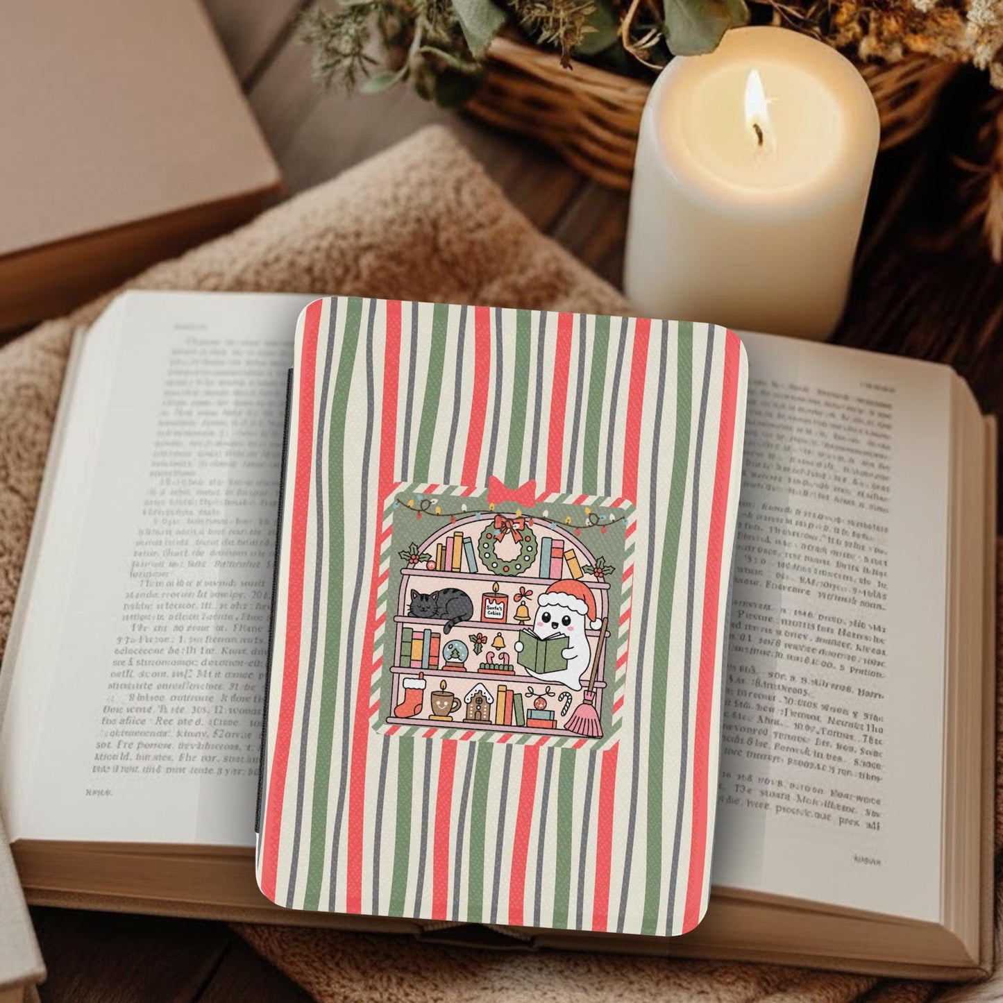 Christmas Stripe Ghost Bookish Leather Kindle Case with Hand Strap