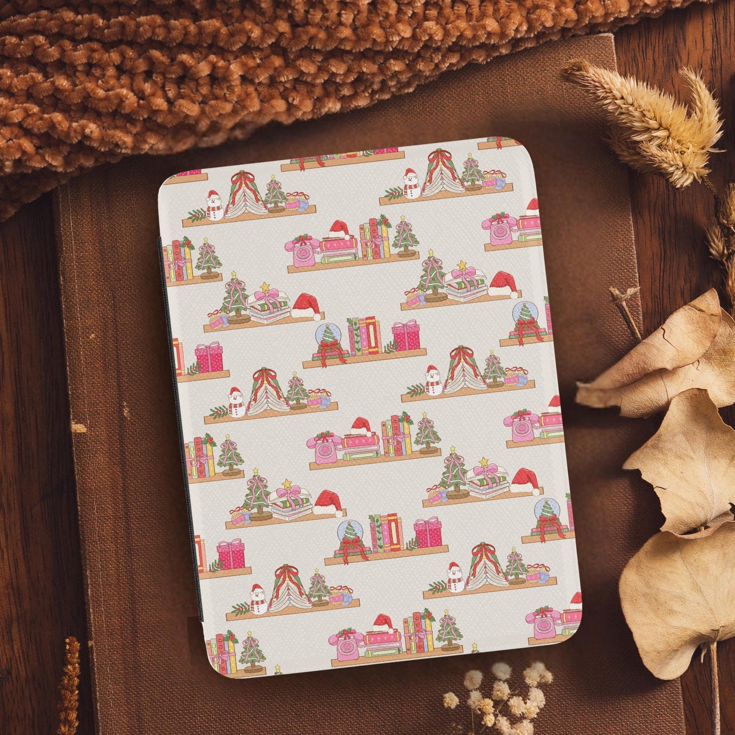 Bookish Christmas Shelves Leather Kindle Case with Hand Strap