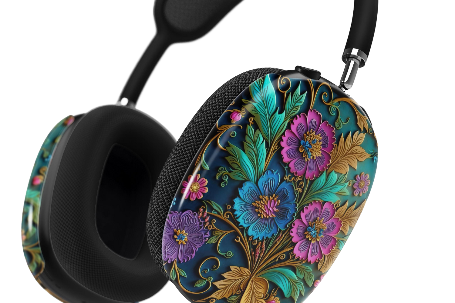 3D Flower Print AirPods Max Case featuring vibrant blue, purple, and gold floral design on black background