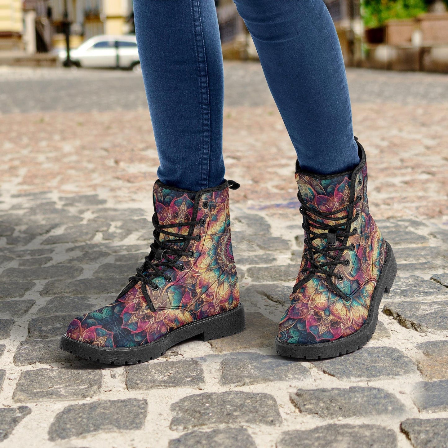 Psychedelic Floral Mandala Leather Combat Boots