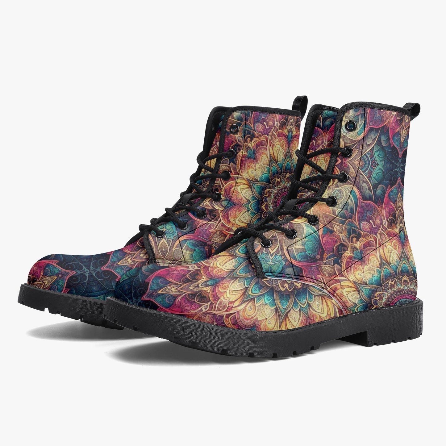 Psychedelic Floral Mandala Leather Combat Boots