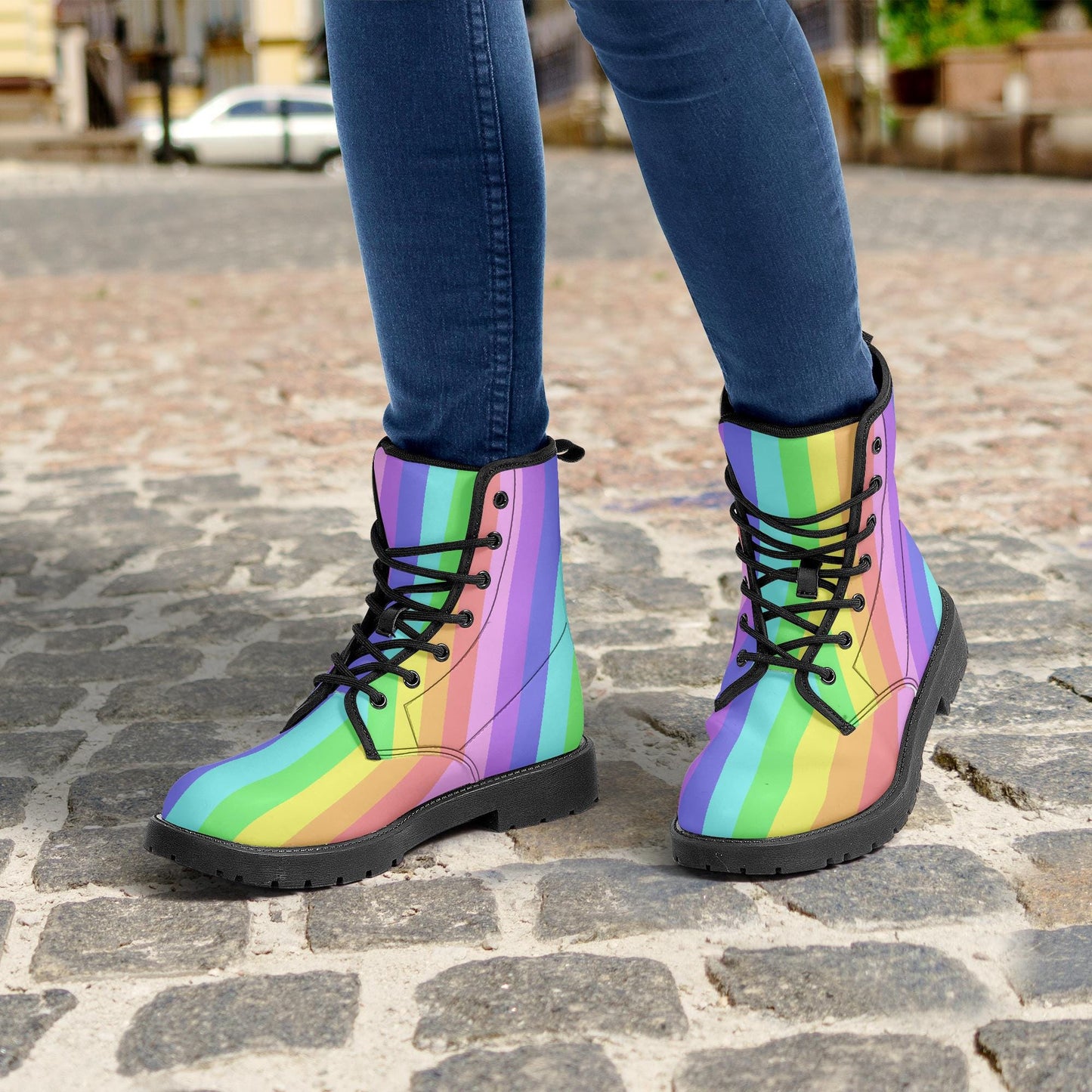Pastel Stripes Leather Combat Boots