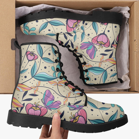 Floral Flowers Leather Combat Boots