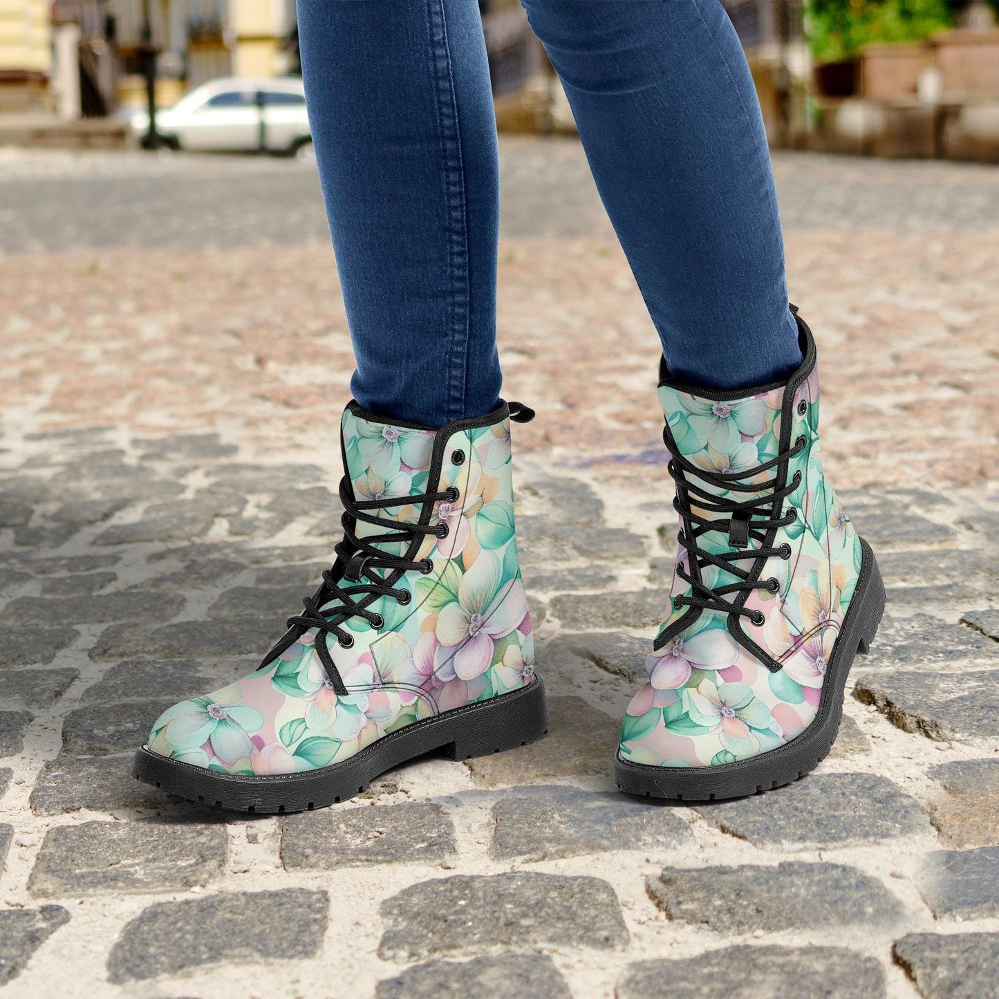 Pastel Floral Flowers Leather Combat Boots