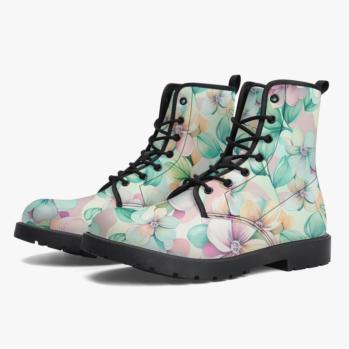 Pastel Floral Flowers Leather Combat Boots