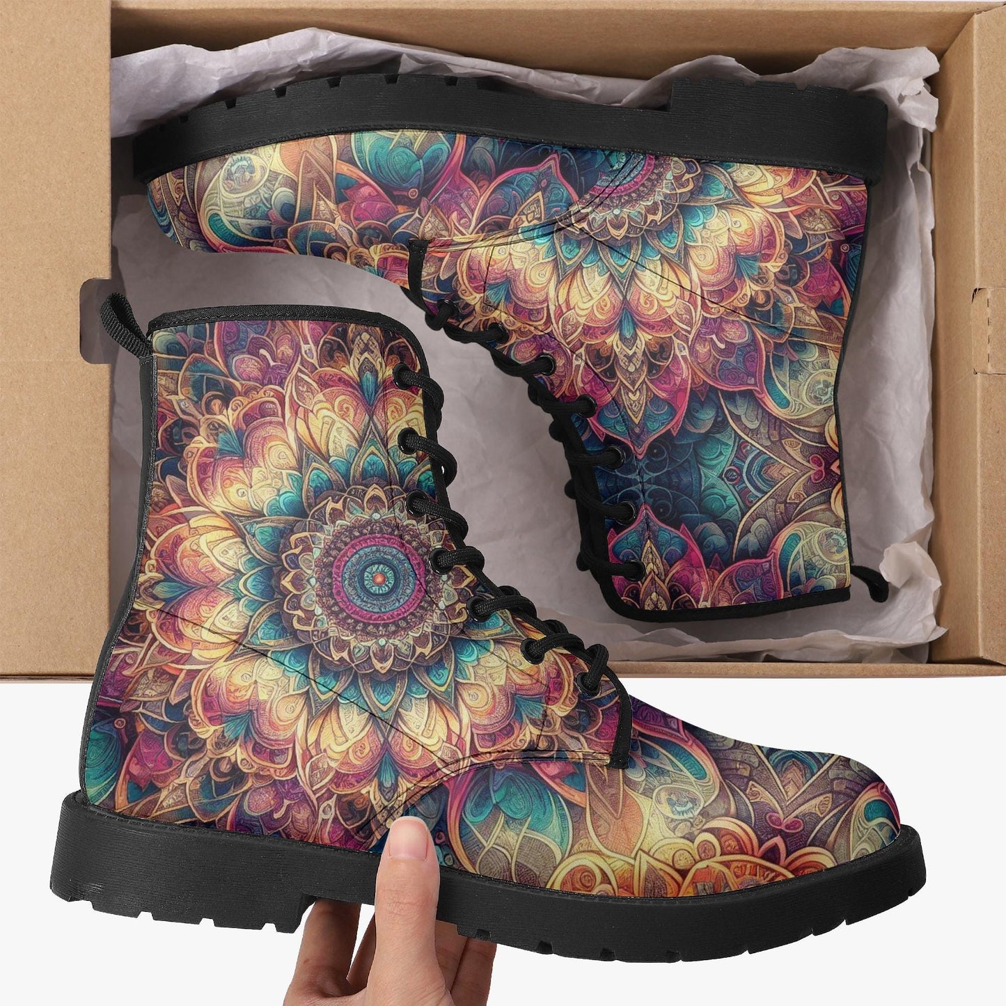 Psychedelic Floral Mandala Leather Combat Boots