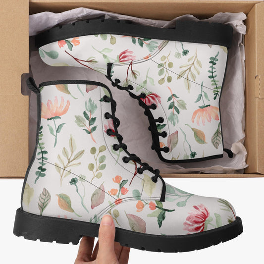 Floral Flowers White Leather Combat Boots
