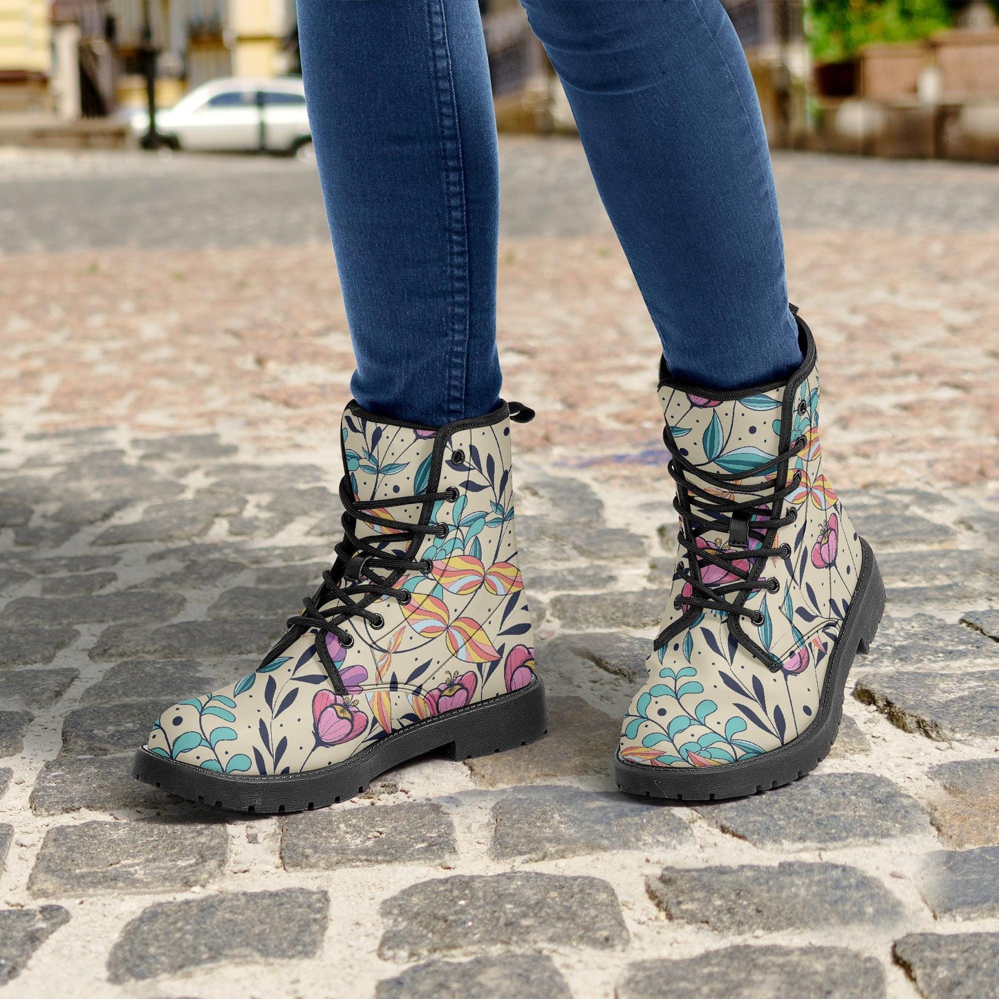 Floral Flowers Leather Combat Boots