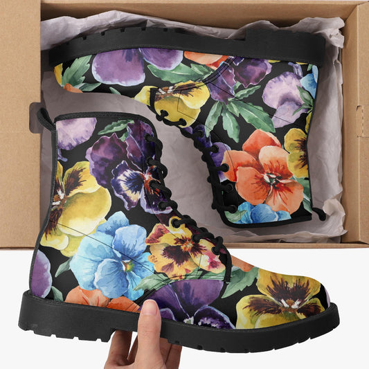 Floral Flowers Black Leather Combat Boots