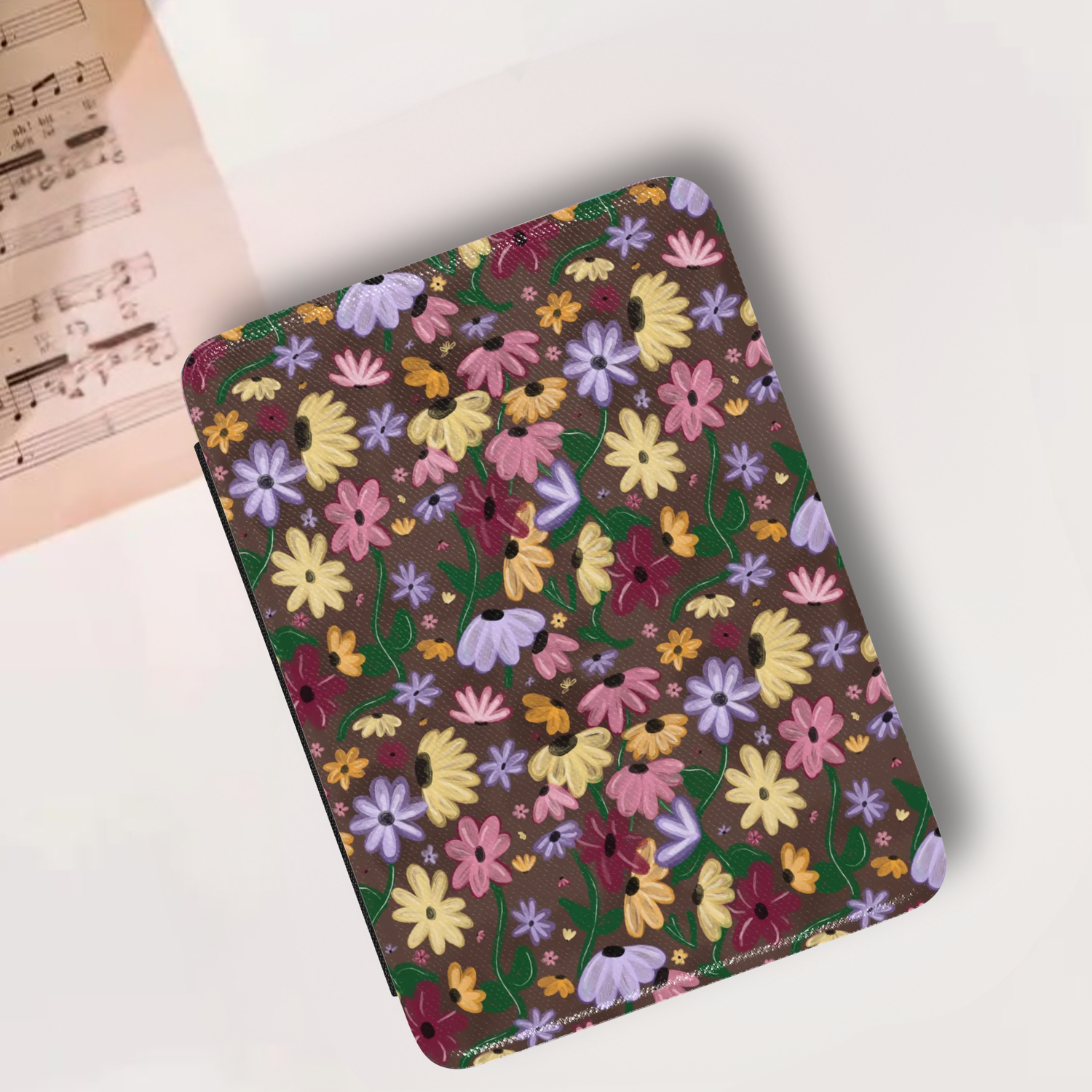 Swiftie Surprise Acoustic Piano Song Floral Leather Kindle Case with Hand Strap featuring colorful flower design on brown background